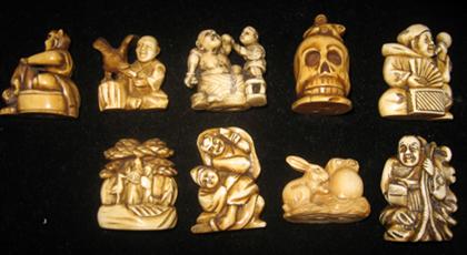 Appraisal: Nine Japanese ivory netsuke most signed th century Comprising of