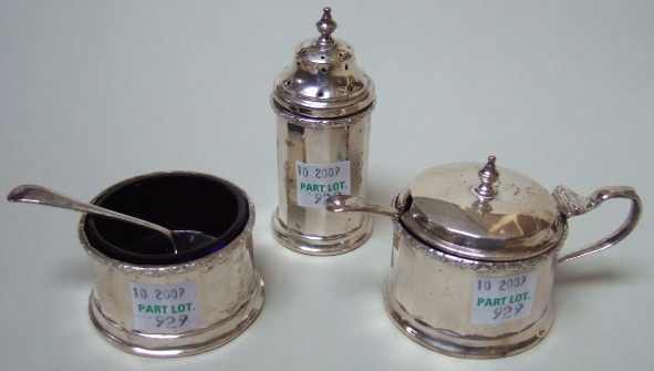 Appraisal: A silver three piece condiment set comprising a mustard pot