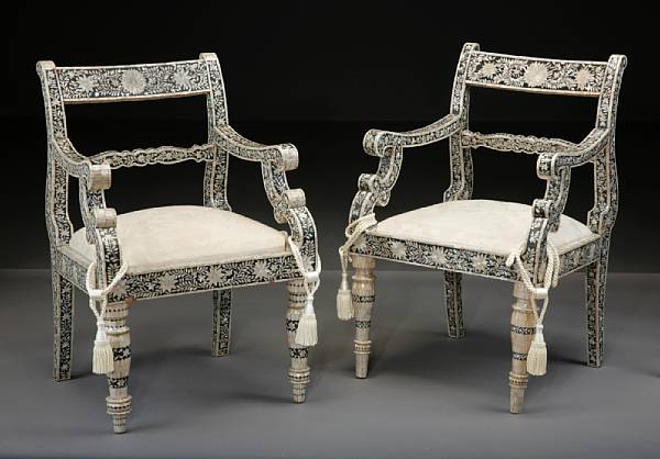 Appraisal: A good pair of Levantine shell inlaid hardwood armchairs late