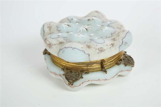 Appraisal: SATIN GLASS DRESSER BOX Blue and white backround with enameled