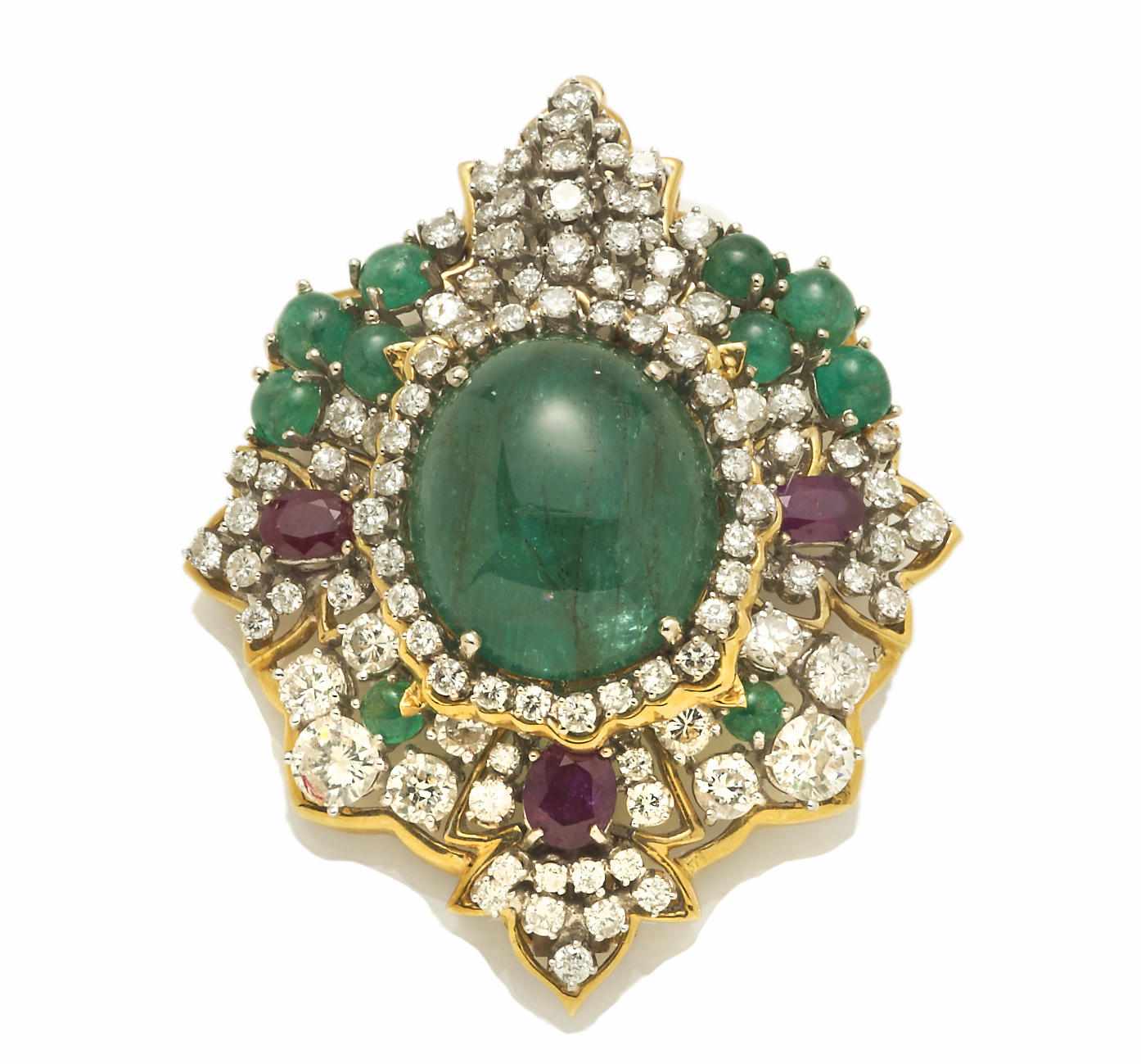 Appraisal: An emerald ruby and diamond pendant brooch central oval-shaped emerald