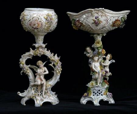 Appraisal: Dresden Gilt and Polychrome Decorated Porcelain Figural Centerpiece with Reticulated