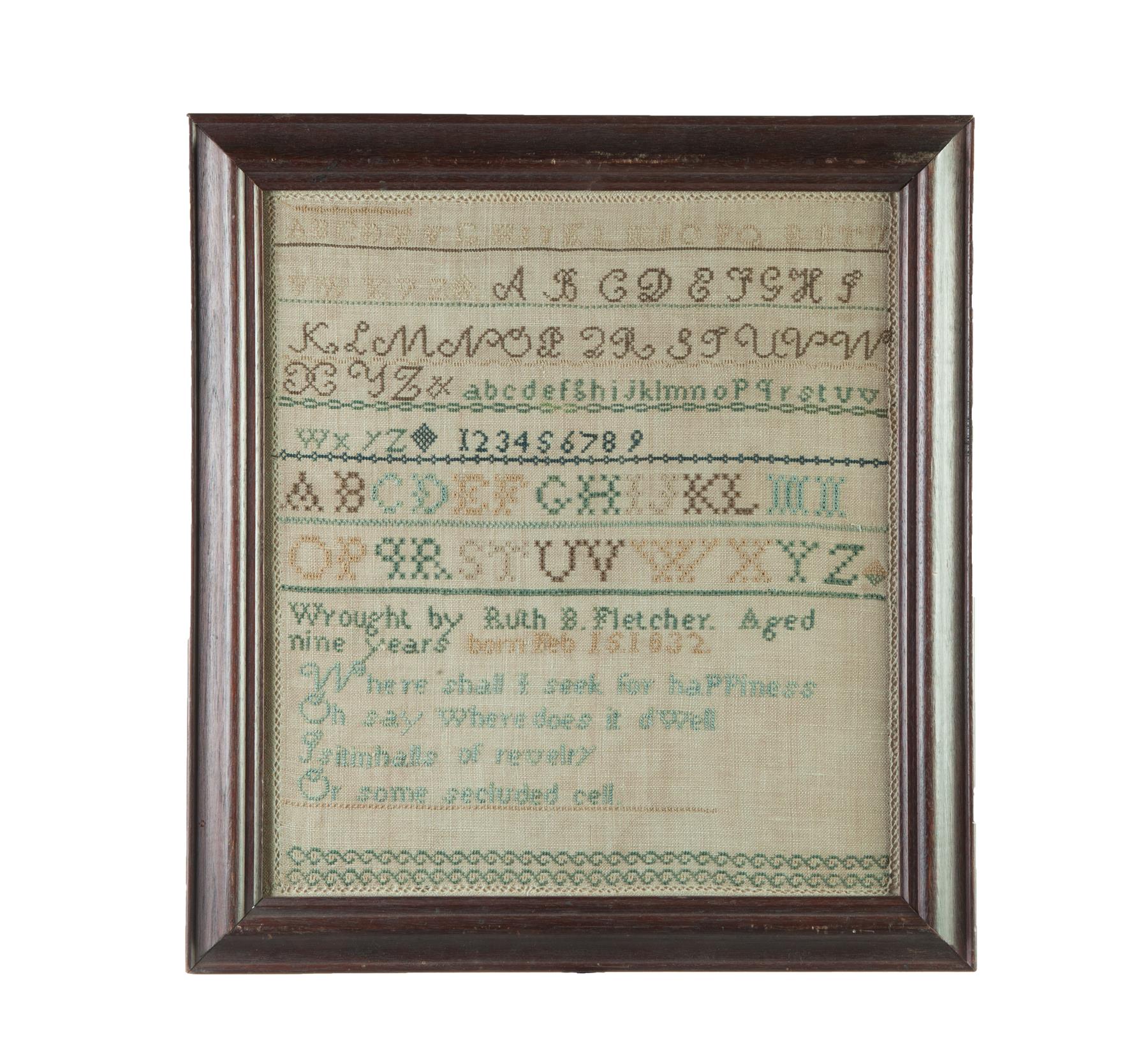 Appraisal: MAINE SAMPLER Silk on linen Alphabets and verse with Wrought