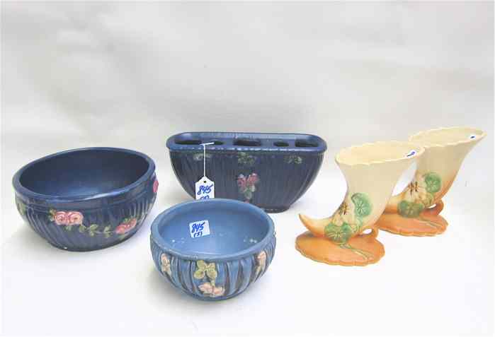 Appraisal: FIVE PIECES WELLER POTTERY three are blue fields with applied