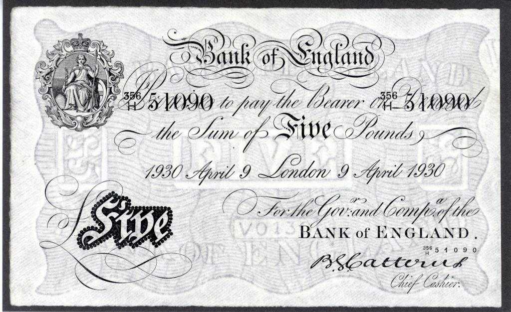 Appraisal: BANK OF ENGLAND B G CATTERNS WHITE FIVE POUNDS APRIL