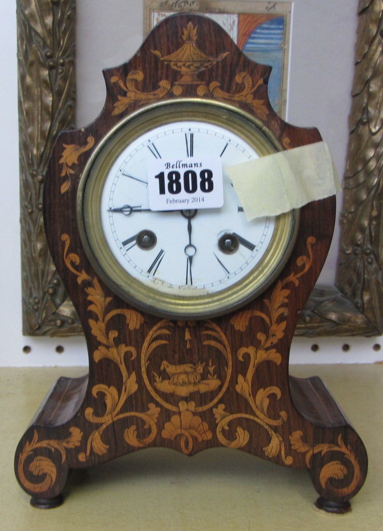 Appraisal: A rosewood and marquetry inlaid mantel clock late th century