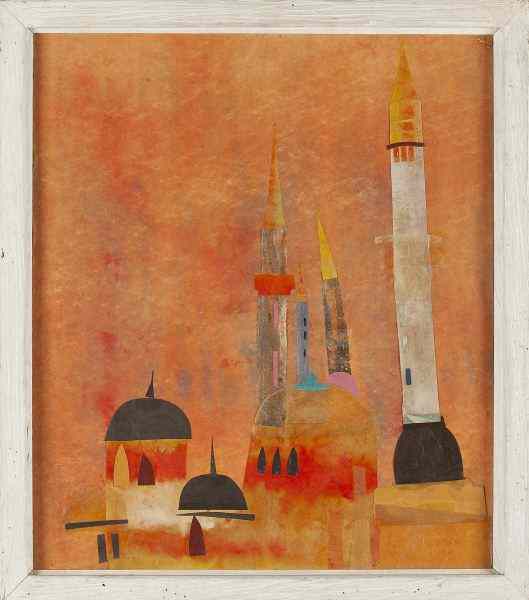 Appraisal: James Harrill NM ''Mosque Minarets Istanbul''collage and mixed media on