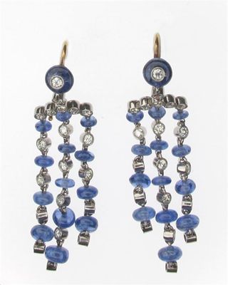 Appraisal: A pair of sapphire and diamond drop earrings Designed as