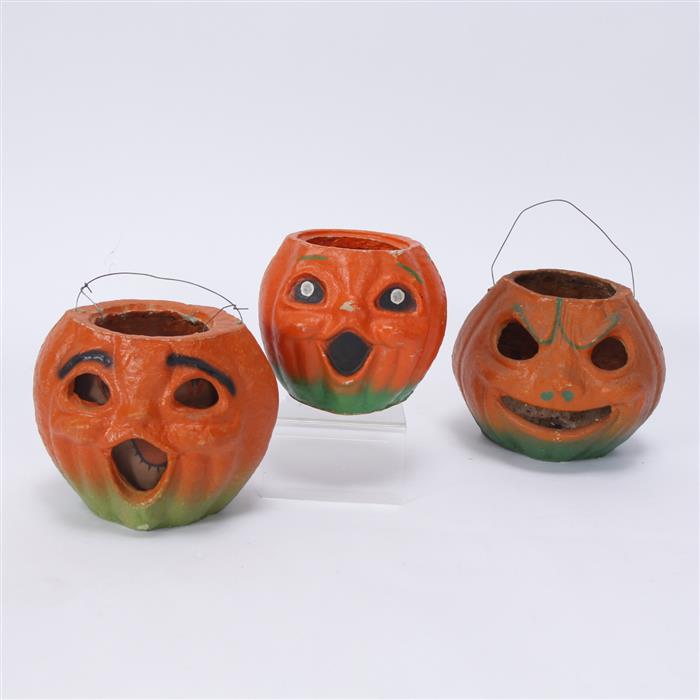 Appraisal: Three Vintage Halloween Paper Mache Jack-o-Lanterns one with paper insert