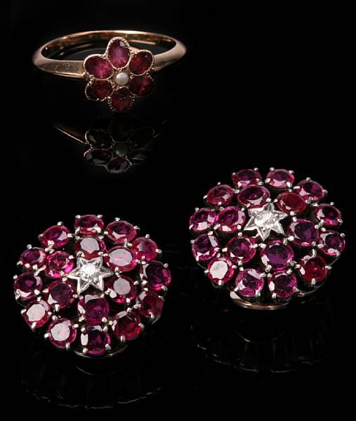 Appraisal: A ruby seed pearl and gold ring with a pair