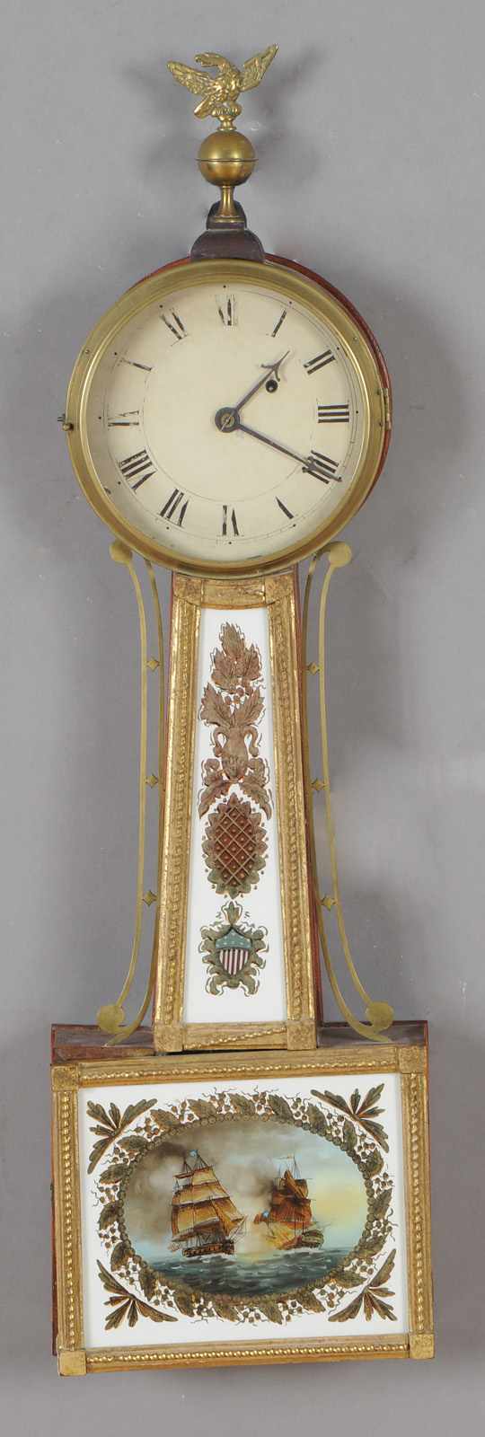 Appraisal: FEDERAL MAHOGANY AND PARCEL-GILT BANJO CLOCK WITH EGLOMISE PANELS The