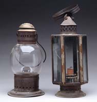 Appraisal: TWO ANTIQUE LANTERNS Glass globe lantern with tin base and