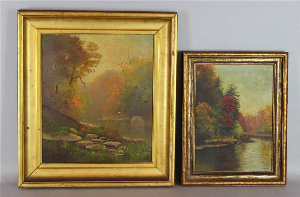 Appraisal: GROUP OF THREE FRAMED LANDSCAPE PAINTINGS along with FOLK ART