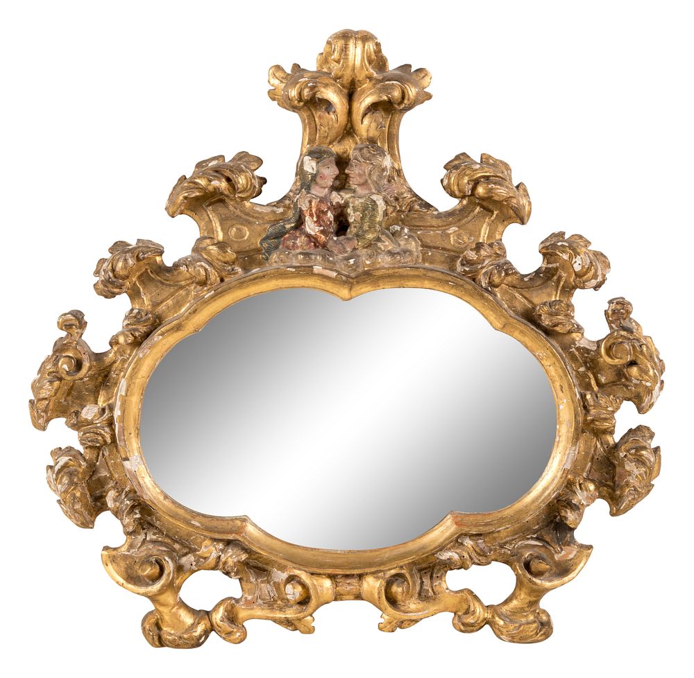 Appraisal: A Continental Rococo Carved and Polychrome Decorated Giltwood Courting Mirror