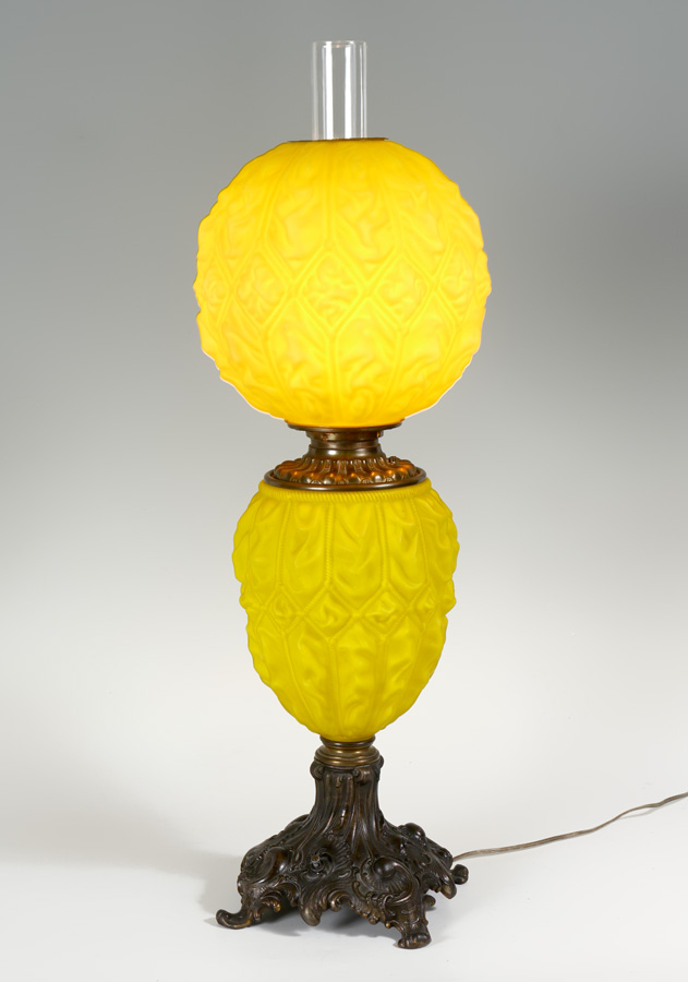 Appraisal: YELLOW SATIN GLASS GONE WITH THE WIND LAMP Blown out