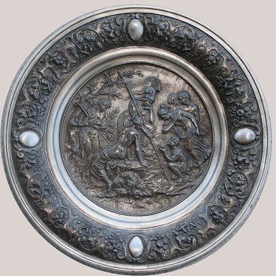 Appraisal: ILSENBURG IRON CHARGER DEPICTING NEOCLASSICAL WITH NUDES '' diameter impressed