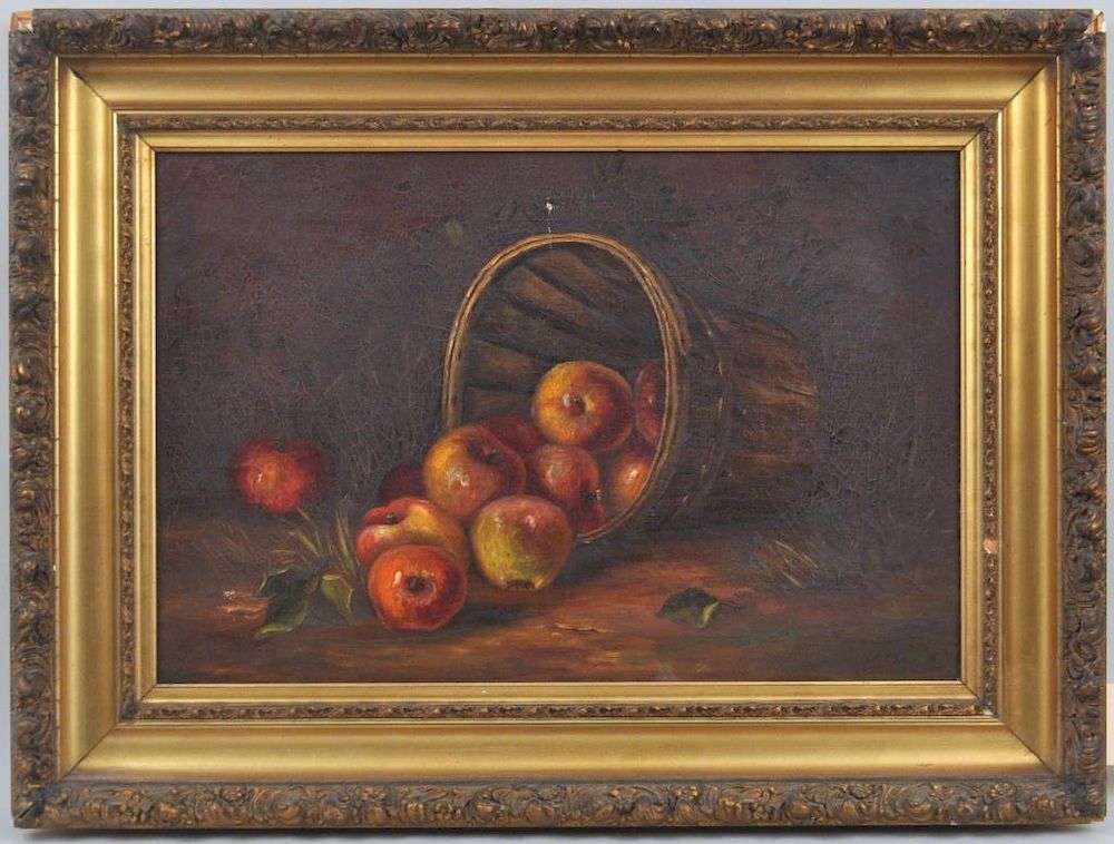 Appraisal: Folk Art O C Still Life of Apples In Basket