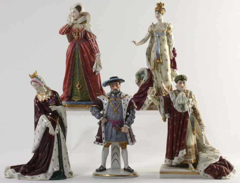 Appraisal: Five Antique Continental Porcelain Figurinesincluding King Henry VIII Jane Seymour