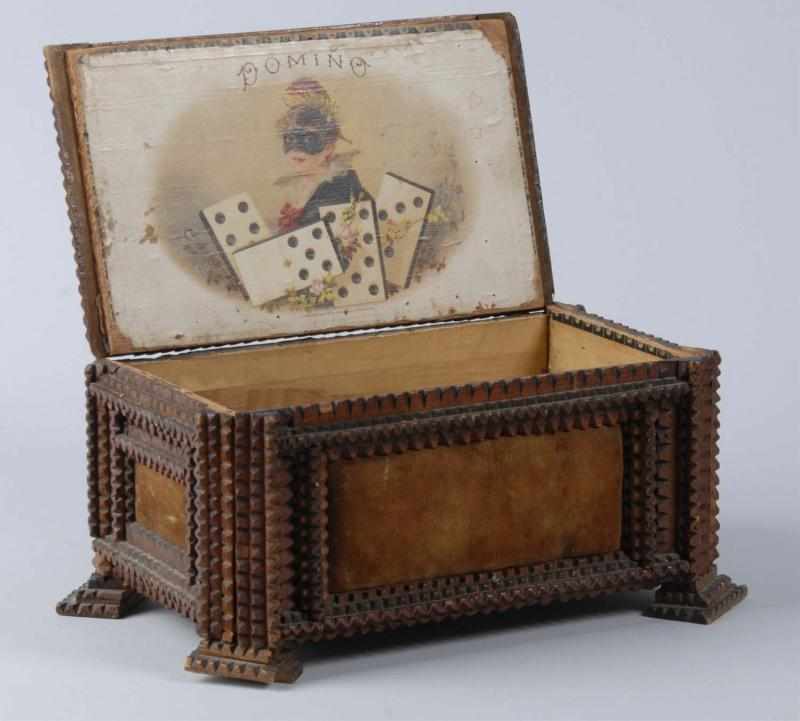 Appraisal: Domino Tramp Art Cigar Box Description to Lovely litho of