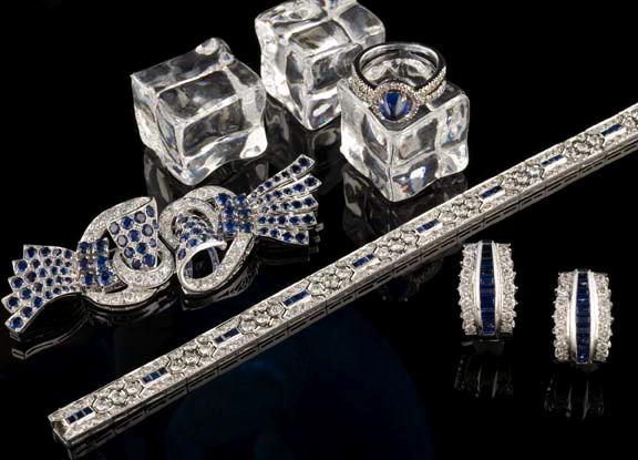 Appraisal: Eighteen-Karat White Gold Sapphire and Diamond Double Clip Brooch the