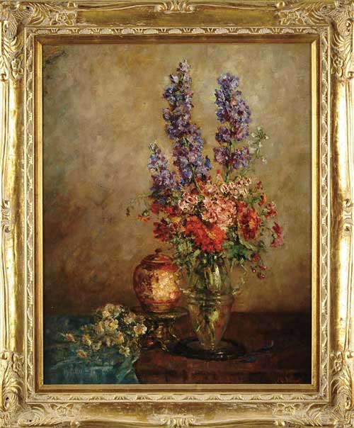 Appraisal: MARIE KLEINBARDT WEGER American - DELPHINIUMS Still life scene shows