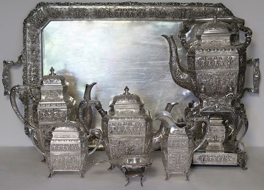 Appraisal: STERLING Ornate German Sterling Pc Tea Service with Serving Tray