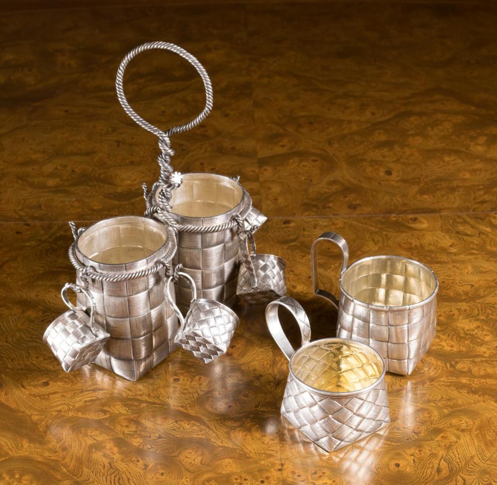 Appraisal: SEVEN PIECE ASSEMBLED RUSSIAN SILVER TROMPE L'OILE VODKA SET hallmarked