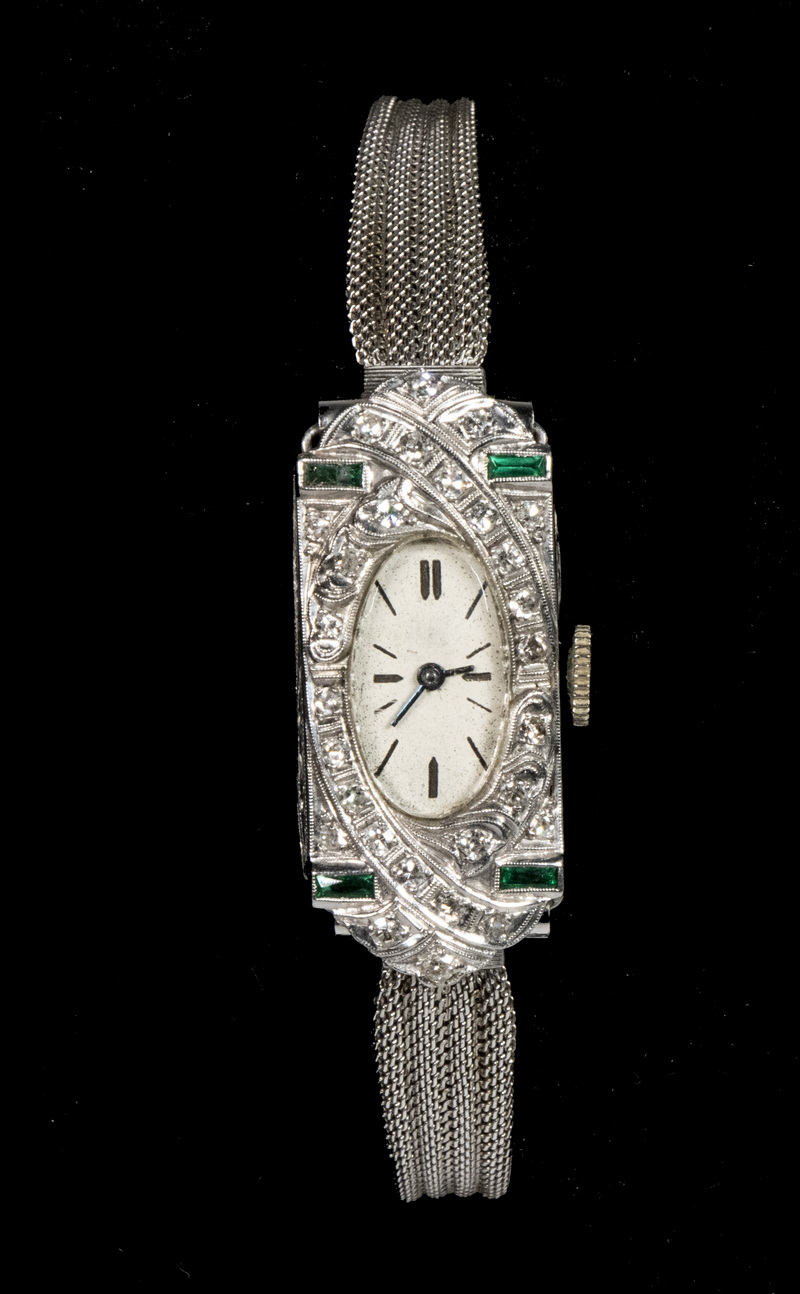 Appraisal: LADIES ART DECO PLATINUM DIAMOND EMERALD WRISTWATCH With K white