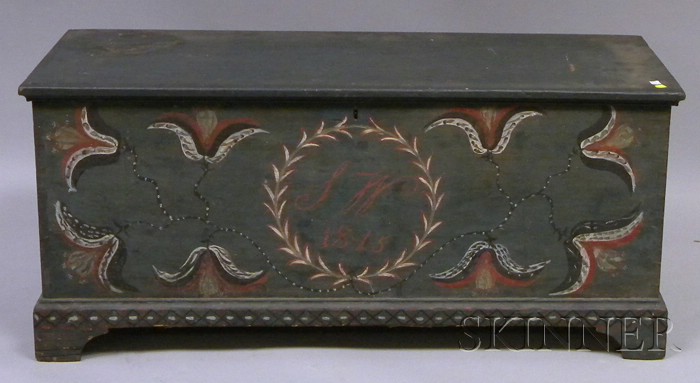 Appraisal: Blue-painted and Polychrome-decorated Dovetail-constructed Blanket Box the front panel initialed