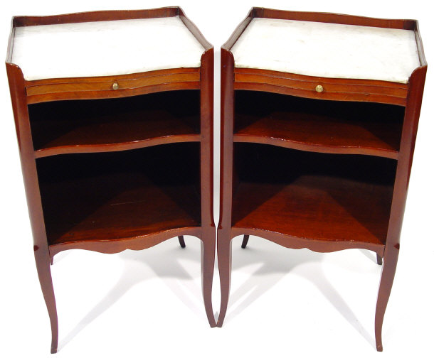 Appraisal: Pair of inlaid mahogany serpentine fronted bedside cabinets each with