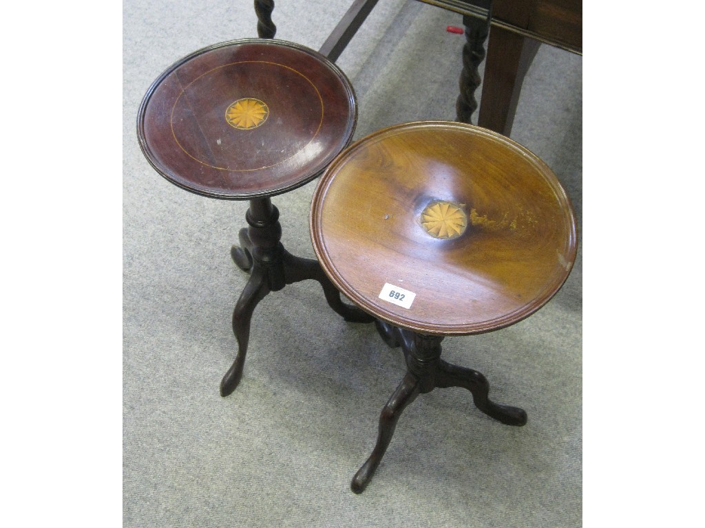 Appraisal: Lot comprising two mahogany and inlaid pedestal wine tables