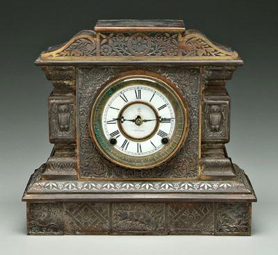 Appraisal: F Kroeber aesthetic movement clock cast iron relief surface decoration