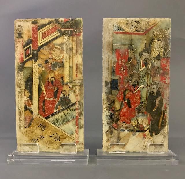 Appraisal: Two Chinese Painted on Marble Plaques Two Chinese double-sided painted