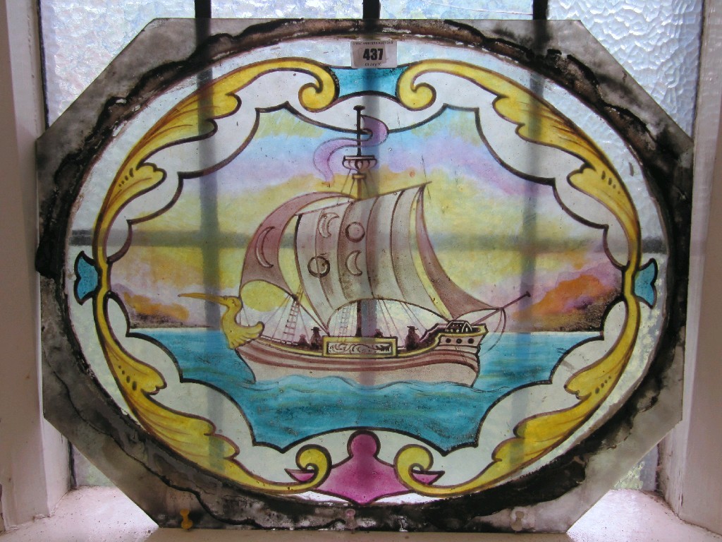 Appraisal: Stained glass window panel depicting a ship at sea