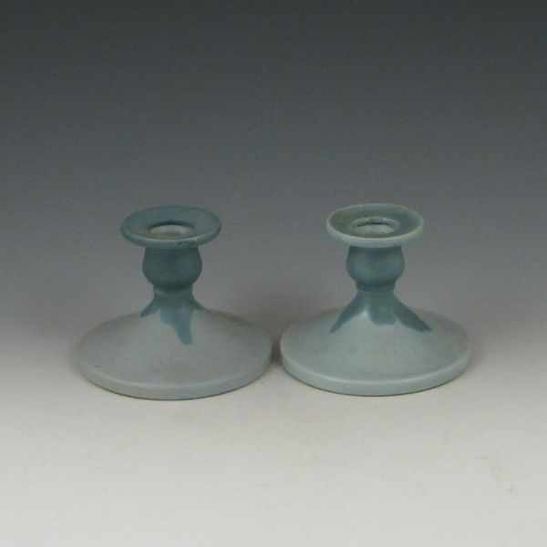 Appraisal: Pair of Roseville Carnelian I Candle Holders blue grey ''h