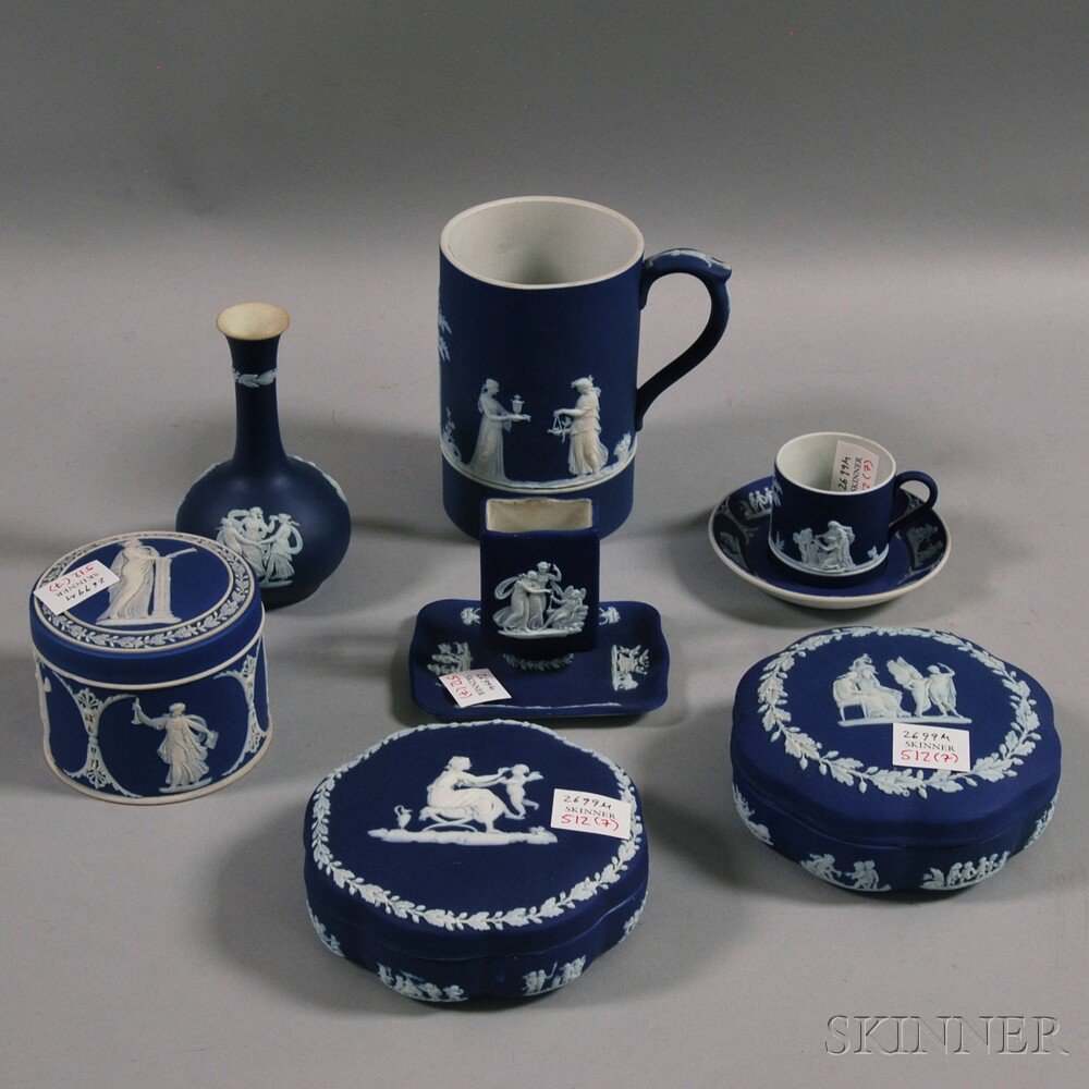 Appraisal: Seven Dark Blue Wedgwood Jasper Dip Items two shaped boxes