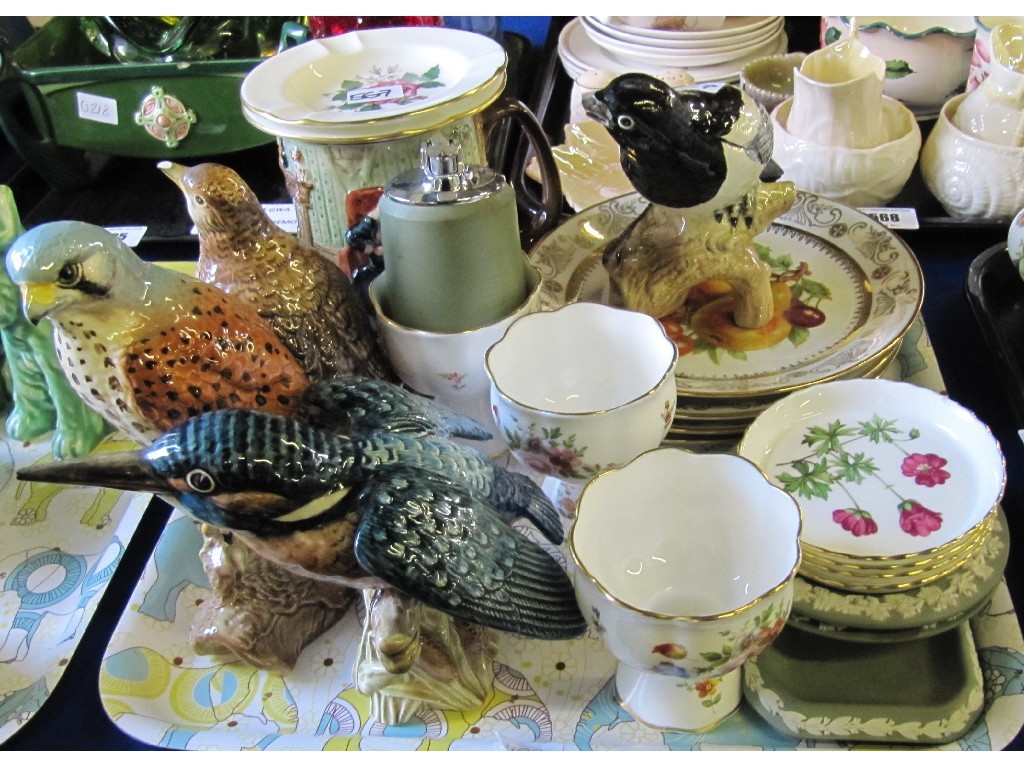 Appraisal: Lot comprising four Beswick birds Beswick collectors tankard Wedgwood green