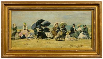 Appraisal: Painting signed L West elegant party on a beach signed