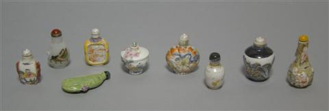 Appraisal: NINE PORCELAIN GLASS SNUFF BOTTLES Including an enamel on white