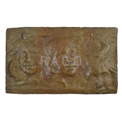 Appraisal: ALEXANDRE BIGOT - Glazed stoneware architectural panel carved with faces