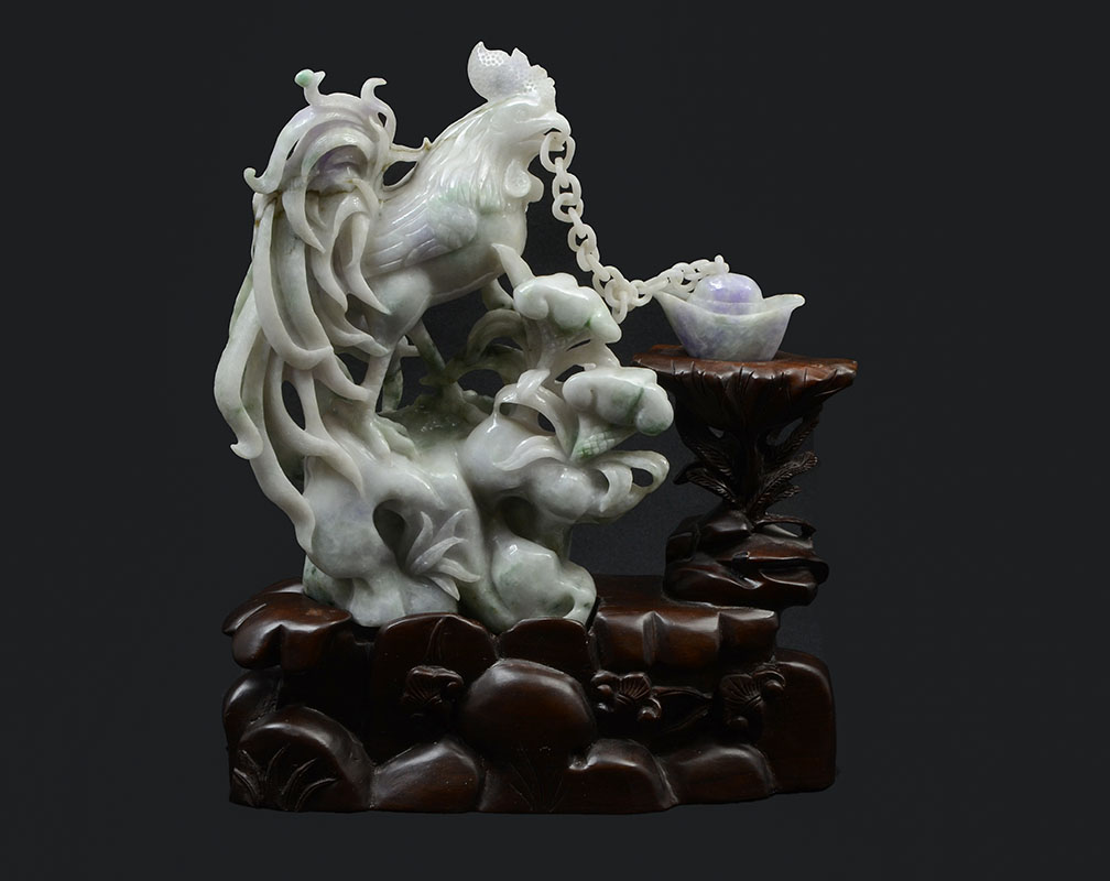 Appraisal: CHINESE CARVED JADEITE ROOSTER ON STAND Lavender white and apple