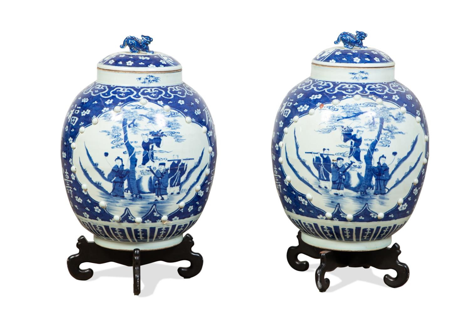 Appraisal: PAIR OF LARGE CHINESE BLUE WHITE LIDDED JARS Pair of