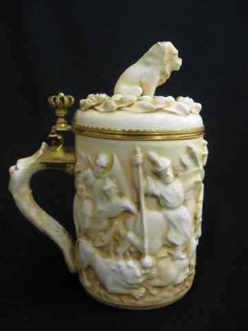 Appraisal: Antique Porcelain Stein bas-relief sceneof lions knights gilt trim ''