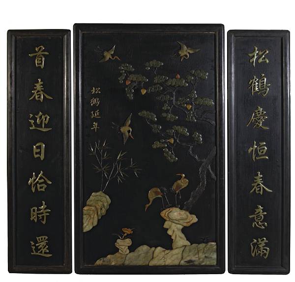 Appraisal: Three lacquered wood wall panels with colored stone overlay decoration