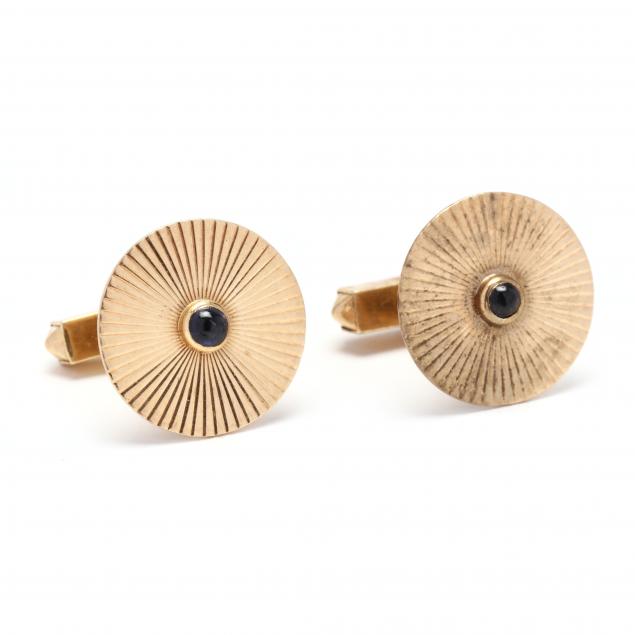 Appraisal: GOLD AND SAPPHIRE CUFFLINKS Of circular form with sunburst engraving