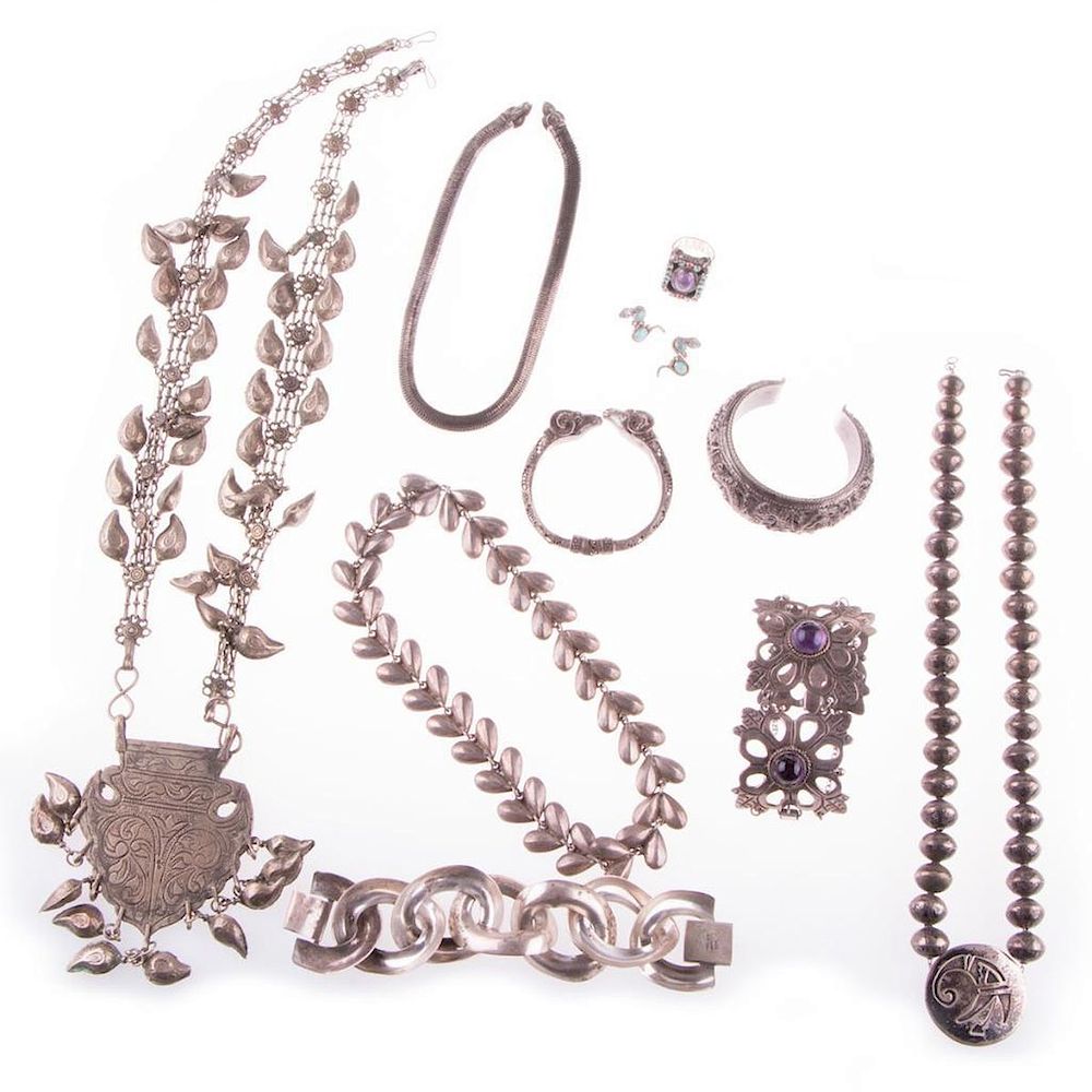 Appraisal: Collection of silver jewelry comprising pieces including amethyst and turquoise