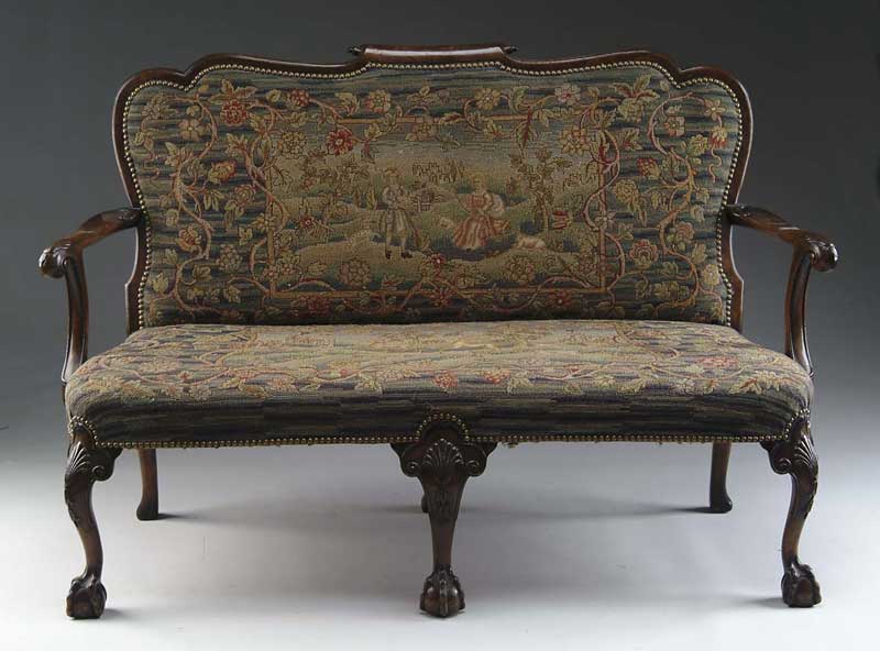 Appraisal: OUTSTANDING ENGLISH CHIPPENDALE WALNUT CARVED SETTEE WITH NEEDLEPOINT UPHOLSTERY Six