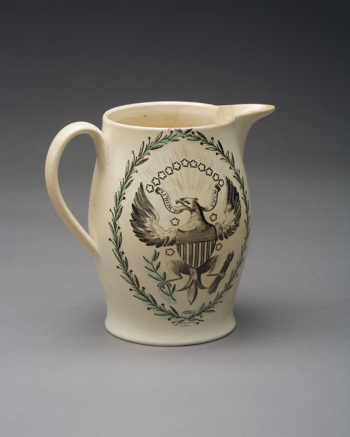 Appraisal: ENGLISH CREAMWARE BLACK TRANSFER-PRINTED AND ENAMEL-DECORATED JUG EARLY NINETEENTH CENTURY