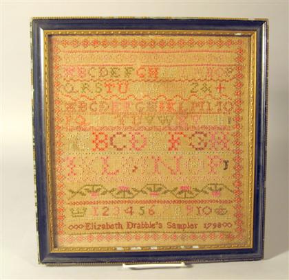 Appraisal: English needlework sampler elizabeth drabble dated With three alphabets and