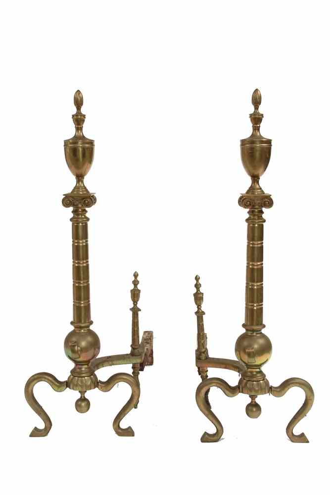 Appraisal: BRASS ANDIRONS - Large th c Urn Top Brass Andirons